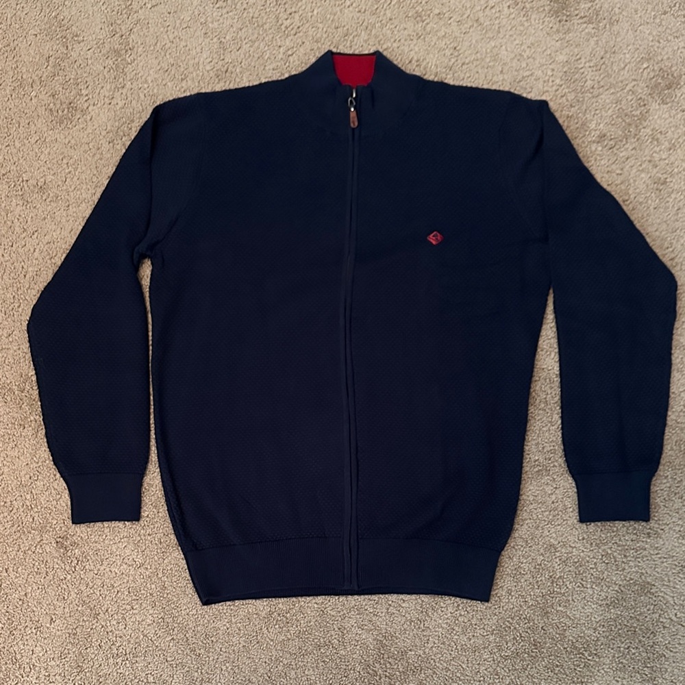 NWT Navy Zip-Up Men's Cardigan Sweater with Red Accents